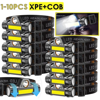 1-10PCS LED פנס רב עוצמה XPE+קוב פנס נטענת USB הראש לפיד קמפינג עמיד למים לדוג פנס פנס העבודה