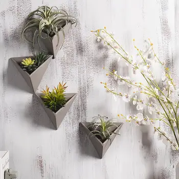 1 סט עמיד תליית עציץ קיר בטון צמח אגרטל ידידותי לסביבה משולש פרחים מלאכותיים תלוי לצמחים.