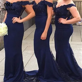 2018 כחול נייבי בתולת ים שמלות שושבינה ארוכה V-צוואר רשמית מסיבת חתונה שמלה שרוול קצר לנשים שמלת שושבינה