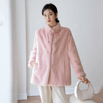 2023 חדשה סתיו חורף חיקוי מינק גיזת צמר נשים מעיל אופנה קוריאנית רופפת עבה חם באמצע מעיל ארוך נקבה מקסימום E979