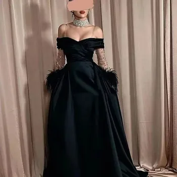 2023 יוקרה לנשים שמלת ערב שחורה הנוצות כתף קריסטל שרוולים באורך רצפת נשף שמלות ערב Vestidos דה