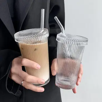 375ML פס לכוס זכוכית עם מכסה קש בבית קפה חלב לשתות כוסות שקוף קולה מיץ כוסות מים בספל אביזרים למטבח