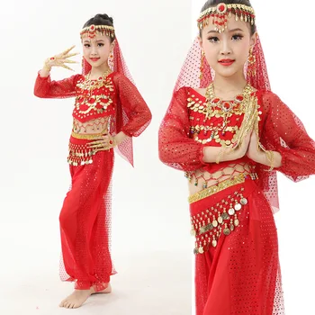 6PCS/סט ריקודי בטן תלבושות ילדים ריקודי בטן תלבושות בוליווד ריקוד בנות לרקוד S-XL שרוולים ארוכים הודי להתלבש לילדים