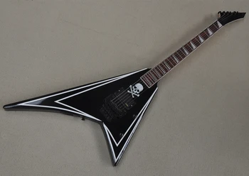 Flyoung שחור גיטרה חשמלית עם שחור חומרה,תבנית גולגולת,מציעים התאמה אישית