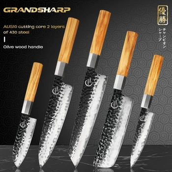 Grandsharp 5 יח ' סכין שף סט סכיני מטבח יפניות AUS10 יד פלדה מחושלת שיכור להב עץ הזית להתמודד עם Santoku Nakiri