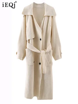 IEQJ סרוג מעיל לנשים דש שרוול ארוך כפול עם חזה עם חגורת כיסים מעיל רוח סתיו בגדי החורף WQ2181