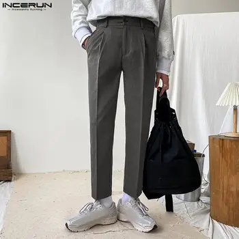 INCERUN גברים מכנסיים בצבע אחיד כפתור קוריאני סגנון פנאי עסקים מכנסיים גברים אופנת רחוב 2023 כיסים מזדמנים מכנסיים ארוכים S-5XL