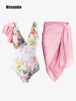 Riseado סקסית V-צוואר חתיכה אחת בגד ים עם חצאית פרחוני הדפסה בגדי ים נשים 2023 לפרוע בגד ים הקיץ Beachwear
