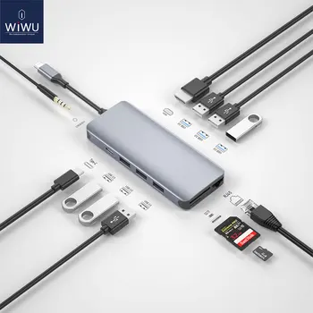 WiWU 12 1 רכזת ה-USB על-MacBook Air Pro 13 16 2022 M2 VGA/RJ45 Multi-פונקציה מסוג C-Hub מתאם עבור Huawei מפצל USB