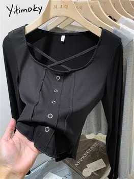 Yitimoky סרוגים קצוץ חולצות לנשים סתיו החורף 2022 קוריאנית סלים או הצוואר מקסימום למשרד נשים שרוול ארוך חולצות טריקו