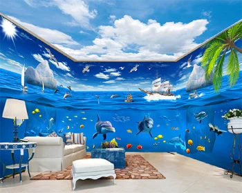 wellyu העולם מתחת למים בת ים דולפין כחול שמיים, עננים לבנים כל הבית המותאם אישית-high-end רקע קיר טפט