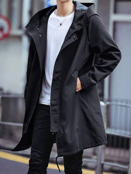 אביב סתיו ארוך מעיל גברים אופנה ברדס מעיל רוח שחור, מעיל מזדמן מעילי גדול מידה 6XL 7XL 8XL