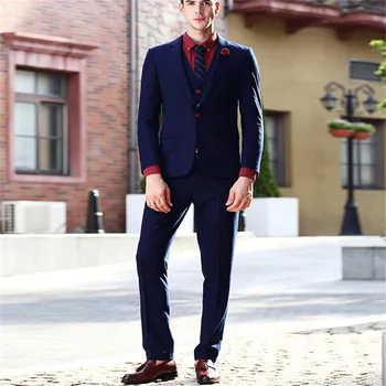 אופנה 3 חתיכות חליפות גברים כפתור אדום כחול נייבי טוקסידו עבור חתנים גברים שושבין ערב נשף חליפות גברים (ז ' קט+מכנסיים+עניבה)