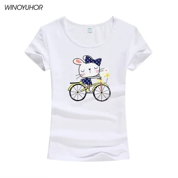 אופנה אישה Tshirts קיץ, שרוול קצר חיה חתול אופניים הדפסה O-צוואר חולצות טריקו נשים בנות Harajuku אופניים טי-שירט