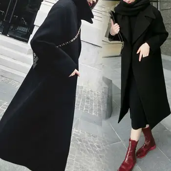 אופנה מוצק צבע עבה כיס נשים סתיו חורף חם מעיל ארוך להאריך ימים יותר