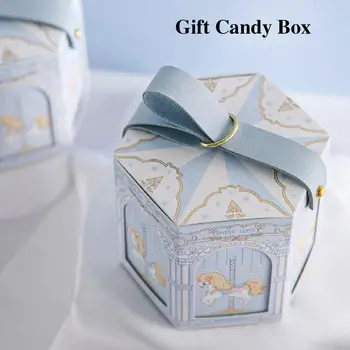 אטרקטיבי החתונה ממתקים קופסא עם ידית נשיאה קופסת מתנה יפה לתת מתנות ורוד קרוסלה מתנות תיבת נייר