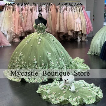 אלגנטי ירוק תחרה שמלת נשף שמלת קינסאנךרה 2023 עם מתוקה חרוזים 3D פרח מתוק 16 להתלבש שרוכים Vestido 15 שנים