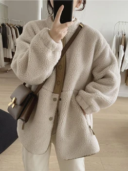בגדי חורף מעילי נשים עבור נשים Lambwool מעיל קוריאני אופנה חדשה רופף OverSize עבה והברדסים שרוול ארוך העליון מעילים