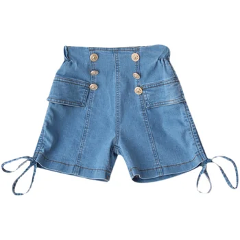 בקיץ ילדים הבנות מכנסי ג 'ינס קצרים קוריאנית כותנה כפתור ג' ינס בגדים רופפים אלסטי המותניים חם המכנסיים עבור ילדים בגיל העשרה בגדים