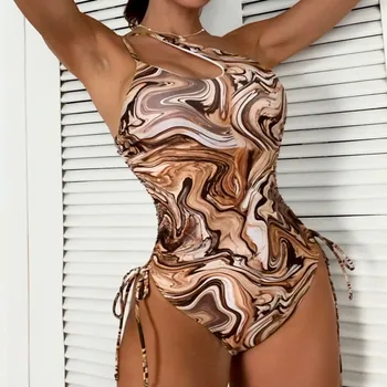 הדפסה גבוהה חתך של נשים בגד ים חד רצועת כתף אחת חלקים בגדי ים 2023 קיץ חיצונית חוף Biquini купальник слитный