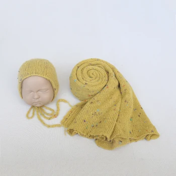 היילוד סרוג בעבודת יד לעטוף לסרוג אנגורה המצנפת על התמונה אביזרים צבע צהוב נקודה לעטוף את התינוק סרוג כובע צילום אביזרים