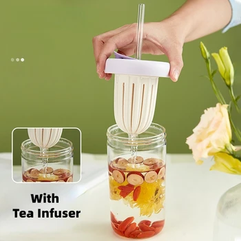 זכוכית בקבוק מים עם תה Infuser נייד, בקבוקי מים שקופים כוסות עם מכסה וקש קיבולת גדולה Drinkware 2023