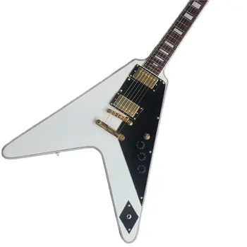 טבעי מהגוני לבן צורת V-6 מיתרים גיטרה חשמלית 24 הסריגים באיכות גבוהה אביזרים זהב Humbucker פיקאפים ויברטו מערכת
