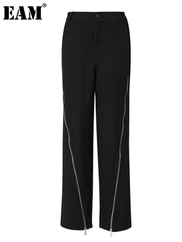 [ידה] גבוהה המותניים שחור רוכסן רחבה רגל מזדמנים מכנסיים ארוכים החדש מתאים רופף מכנסיים נשים אופנה גאות אביב סתיו 2023 1DF8052