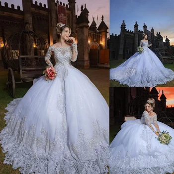 יוקרתי תחרה חתונה נשף שמלות נצנצים שרוול ארוך בציר שמלות כלה בתוספת גודל אלגנטי Vestido De נוביה