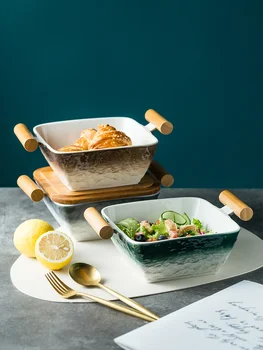 יפנית קערת מרק עם כפול ידית עץ ומכסה קרמיקה גדול קערת ראמן מסעדה שיפוע מרקם אבן שולחן