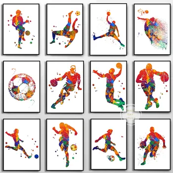 כוכב הפוטבול קיר אמנות פוסטר הדפסה שחקני כדורגל, שחקן כדורסל ספרות אמנות בד ציור בצבעי מים בבית עיצוב חדר