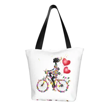 מותאם אישית פרח פיות עם יהלום אופניים בד שקית קניות, נשים עמיד מכולת הקונה לשאת שקיות