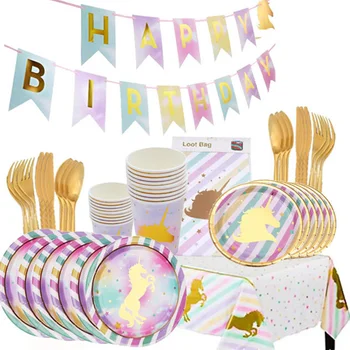מסיבת יום הולדת קישוט קרן הנושא שולחן להגדיר Bronzing קרן צלחת נייר גביע ילדה מסיבת יום הולדת קישוט