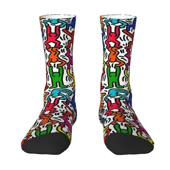 מצחיק הדפס גיאומטרי צבעוני הרינג דמות מקל אקרובטים גרביים לגברים נשים גמיש החורף המופשט, אמנות הפופ הצוות גרביים