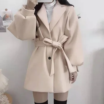 נשים דק באורך בינוני צמר מעיל קוריאני גרסה של סתיו בגדי החורף עם חסון מזג קטן חליפת צווארון