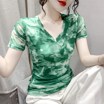 נשים יוקרה חולצות הדפסת 3d קצר השרוול V-צוואר חולצות Tees קיץ אופנה מזדמן שיפוע בנות קט