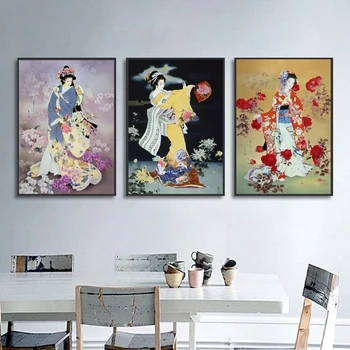נשים יפניות בד ציור פוסטרים ילדה דיוקן צבעוני קימונו מסורתי קיר אמנות הדפס להבין את התמונה עיצוב הבית