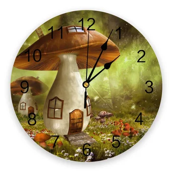 פטריות קריקטורה מפחיד אחו היער בלילה צמח דקורטיבי עגול שעון קיר בעיצוב ללא מתקתקת שקט, חדר גדול שעון קיר