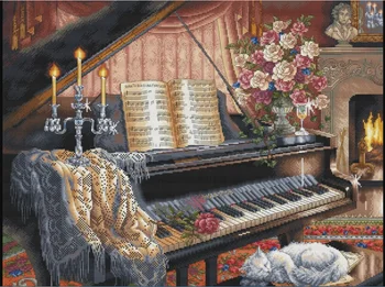 פסנתר יפהפה פרח ערכת תפירה 18CT 16CT 14CT Unprinted לחצות סטיץ ערכות רקמה אמנות DIY עבודת יד, תפירה עיצוב הבית