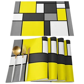 צורות גיאומטריות צהוב מופשט על מפית שולחן אוכל שולחן מטבח, מחצלות צלחת מחצלת פנקס 4/6pcs שולחן מחצלת קישוט הבית