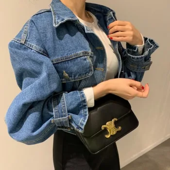 קוריאני אופנה של נשים הנודד צווארון Demin 'קט קליל משוחרר פאף שרוול יבול מעיל נקבה שיק רטרו 'קט הג' ינס העליון