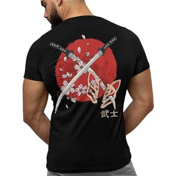 קטאנה חולצה הסמוראי מסיכה פוקס אנימה חזרה להדפיס את שני הצדדים מגניב מתנות גודל 100% כותנה חולצות טי Homme