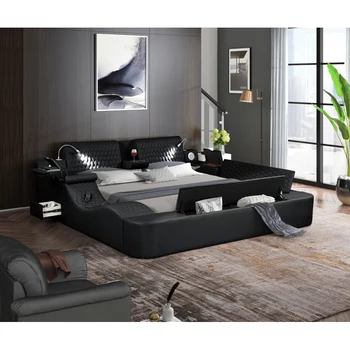 רב תכליתיים מיטת קינג סייז מעץ שחור המיטה אולטרה-עיצוב עירוני חכם למיטה עם ארגז האחסון