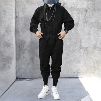 שחור פונקציונלי רב עם הכיפה בכיס מטען בגד של גברים Harajuku היפ הופ יצירתי הלהקה מכנסיים גברים של הרחוב להתלבש